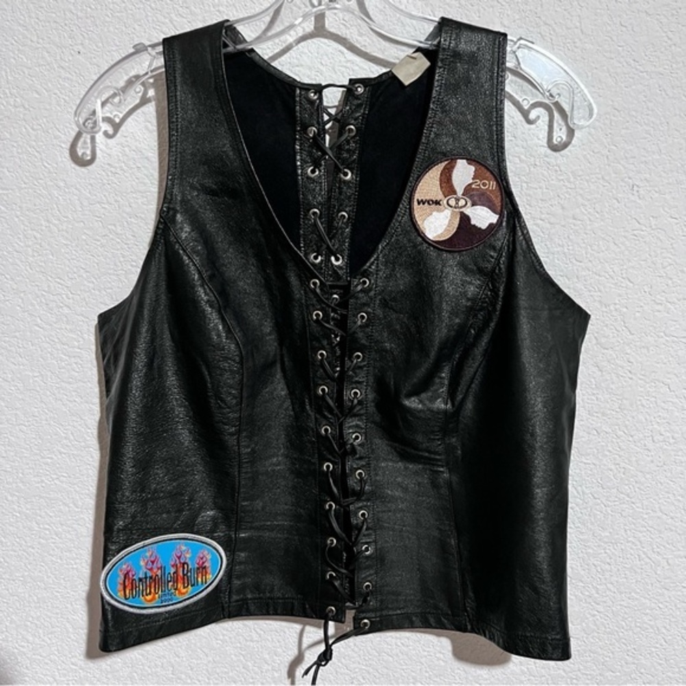 Vintage Black Leather Lace Up Front & Back Vest Large